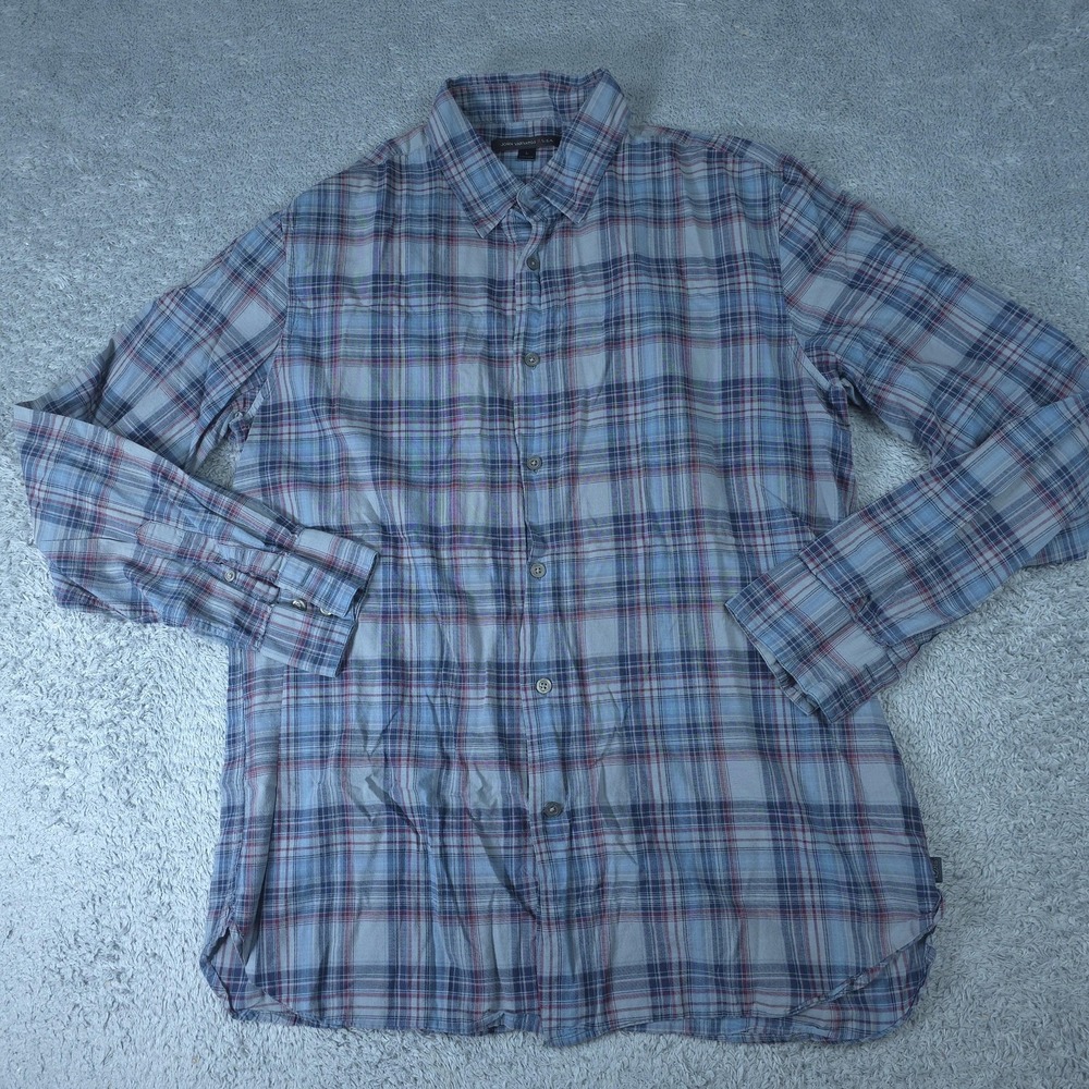 John Varvatos Shirt Mens Large Blue Plaid Long Sleeve Button Up Cotton Casual